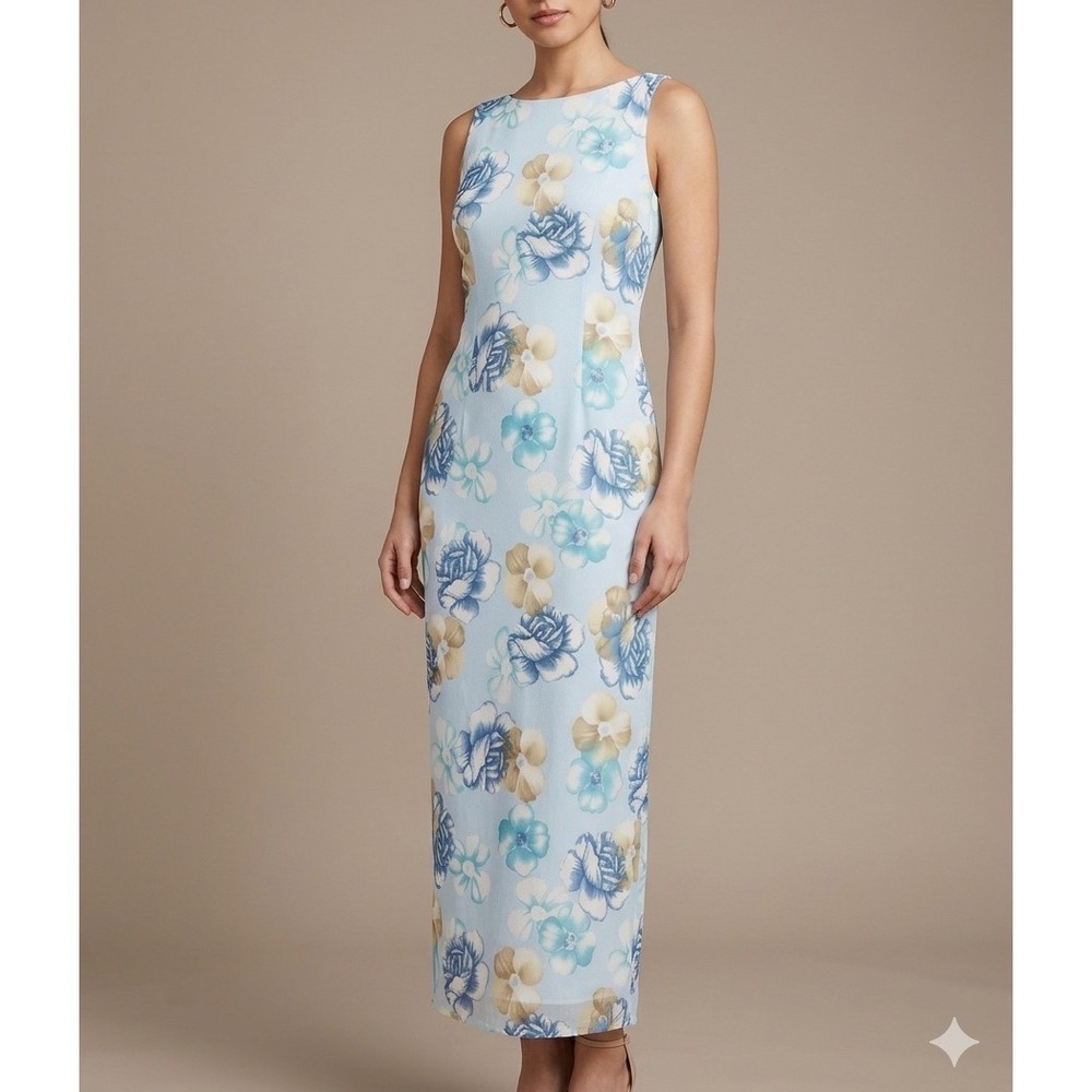 Vtg 90s‎ Y2K La Belle Light Blue Floral Crinkle Chiffon Maxi Dress M(9) Ethereal
